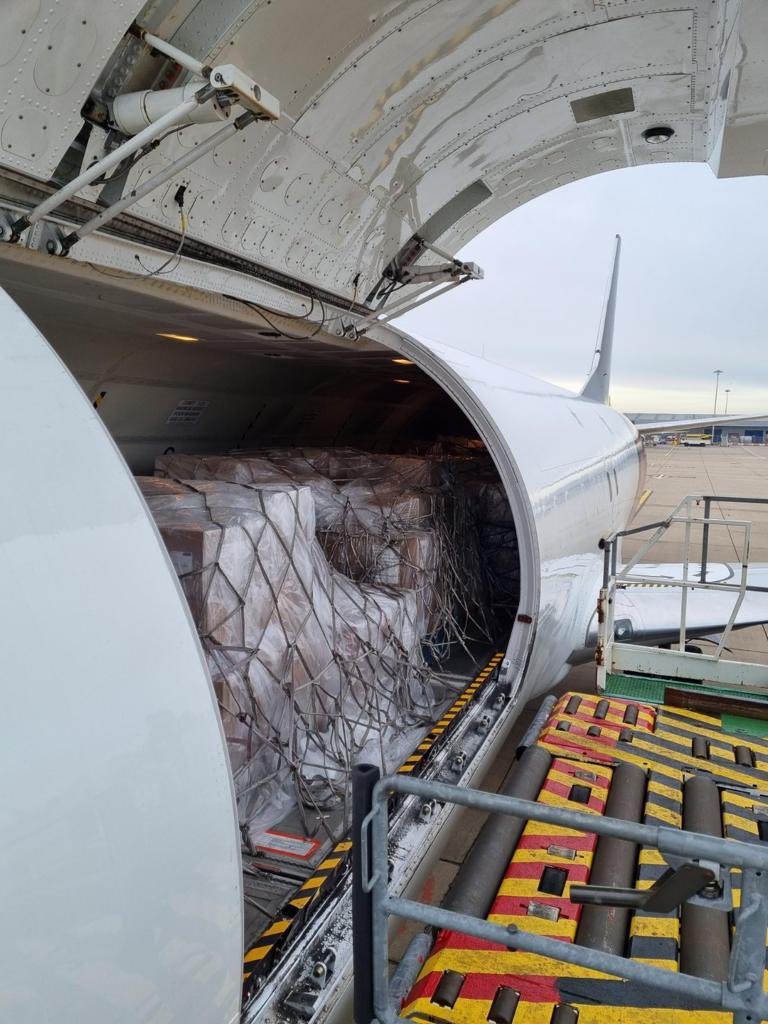 sajidjavid's tweet photo. The 9th flight in just over 2 weeks carrying vital medical supplies for Ukraine left the UK today. 

The UK has given hundreds of thousands of items including medicines and intensive care equipment.

We’ll continue to do all that we can to help as we #StandwithUkraine 🇺🇦🇬🇧 https://t.co/Tyl2LeP1vX
