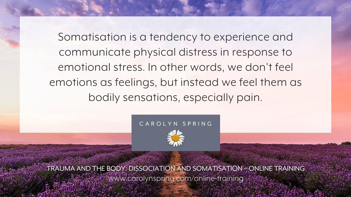 CarolynSpring's tweet photo. The distress of #trauma can be so overwhelming that we literally cannot express it in feelings. Instead it comes out through our body – in pain, in illness, in symptoms. Find out more on 'Trauma &amp; the Body: Dissociation &amp; Somatisation': https://t.co/f8u7FM0tLG

#therapistsconnect https://t.co/JpK9PJ1ccP