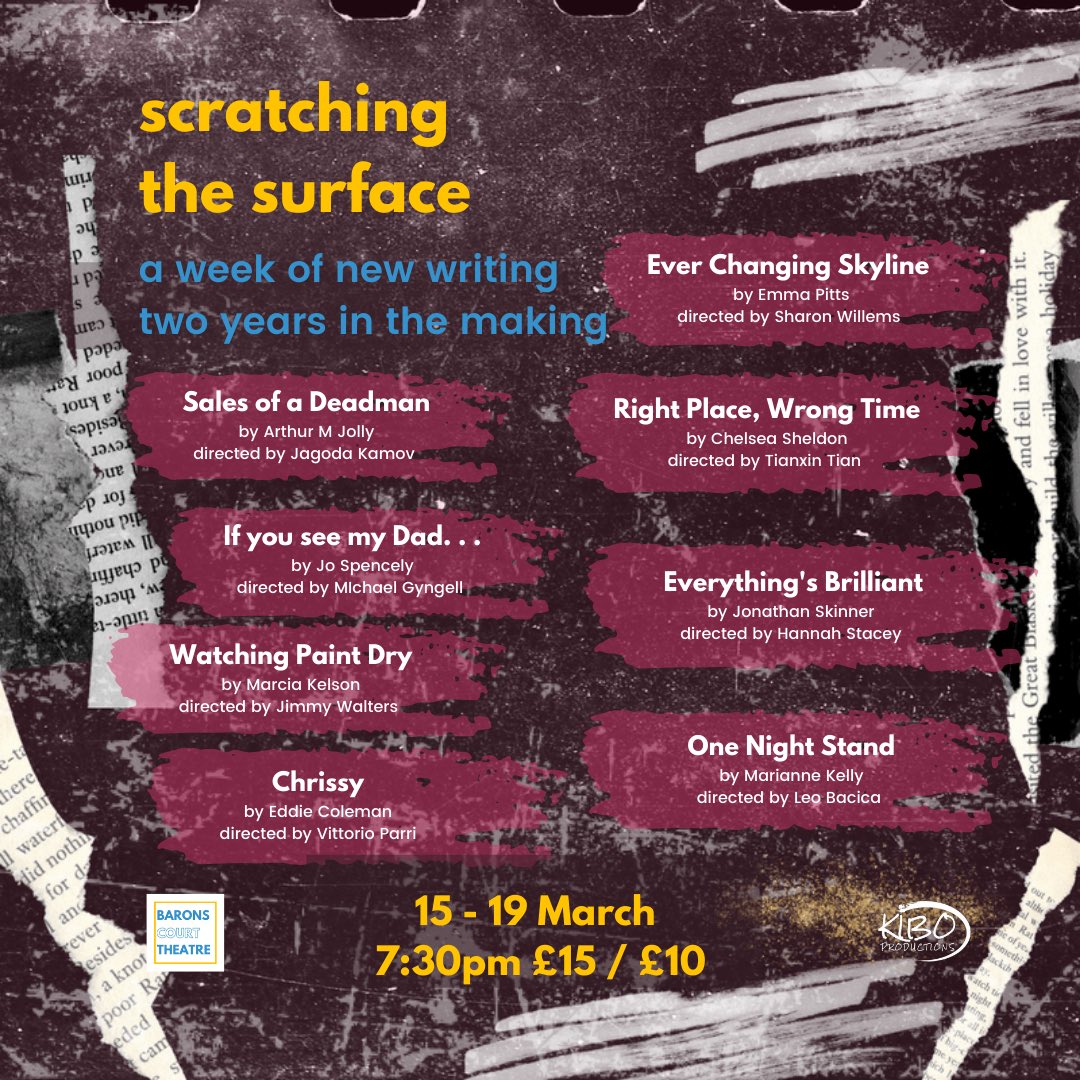 It’s opening night for Scratching the Surface! Head to <a href="/BaronsCourt_W14/">Barons Court Theatre</a> this week to support an emerging company as they get back on stage bringing to life the work of <a href="/marianneRkelly/">Marianne Kelly</a> @FinnThompson12 <a href="/MarciaKelson/">Marcia Kelson 💙</a> @Jon__Skinner  <a href="/JoSpencely/">Jo Spencely</a> <a href="/ChelseaMSheldon/">Chelsea Sheldon</a> <a href="/EmJ20/">Emma Pitt</a> &amp; Arthur Jolly