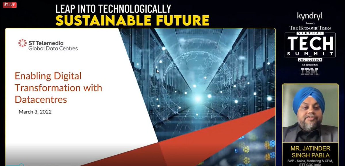 sttgdcindia's tweet photo. Speaking at @EconomicTimes Virtual Tech Summit, Jatinder Singh Pabla shared insights on how data centres are enabling #digitaltransformation highlighting the core principles – reliability, availability, scalability, and sustainability. 
#STTGDCIndia #DataCentres #EconomicTimes https://t.co/PP2sacBI0d