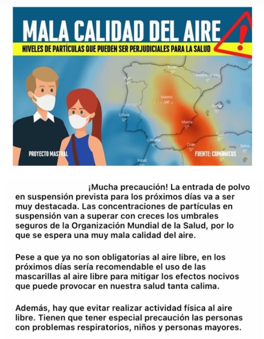 112clm's tweet image. En los próximos días es aconsejable tomar precauciones, ante la nube de polvo en suspensión que está atravesando la Península. Las personas mayores, los niños y aquellos con problemas respiratorios deberían usar mascarillas en el exterior, mientras dure esta situación. #112clm