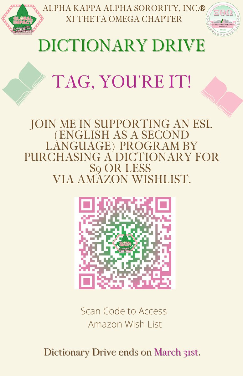 DericaTurner's tweet photo. Join me in support of ESL Programs by purchasing a dictionary. Be sure to select RAAP- Grand Prairie for delivery location. #AKAXTO ๐๐ https://t.co/2L4q8aH46I