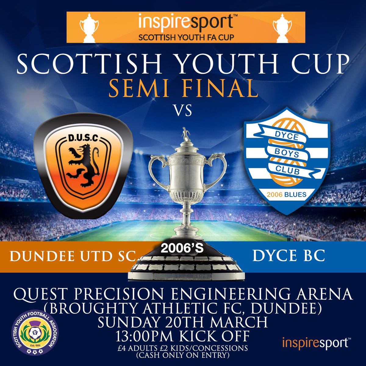 Scottish Cup Semi Final vs Dundee Utd <a href="/DUSC2006/">DUSC 2006</a> Sunday 20th March, Quest Precision Engineering Arena, Dundee (Broughty Athletic Fc)
1 pm Kick Off

All support would be much appreciated to help support the team try and push on to the final.
 
 £4 Adults £2 Kids/Concessions) 🔵⚪️🏆