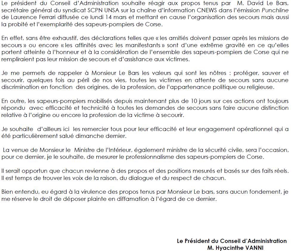 Message sans aucune ambiguïté du Pdt VANNI , PCASIS 2B. Les limites du tolérable ont été largement franchies.@CNEWS @Sis_2b @SIS_2A @PompiersFR