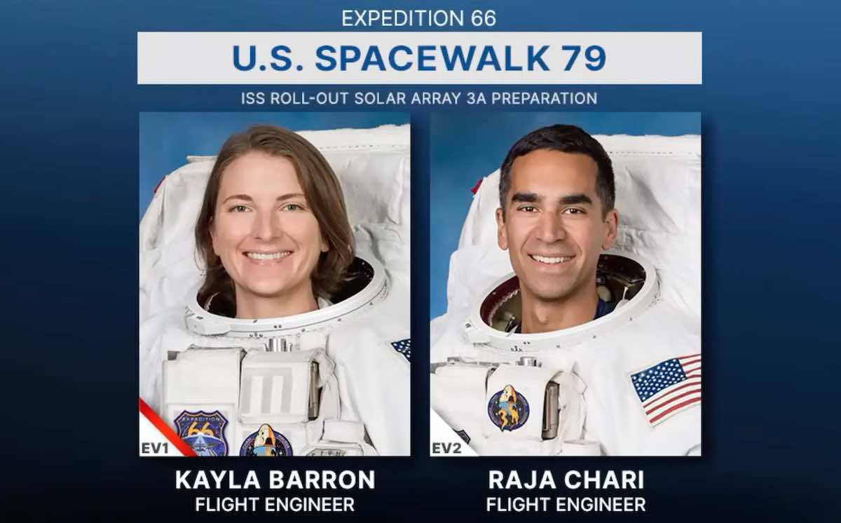 SpaceflightNow's tweet photo. Astronauts Kayla Barron and Raja Chari have floated out of the International Space Station airlock for a spacewalk to install brackets and struts to support new solar arrays to upgrade the research lab’s power system.

Watch live: https://t.co/AFRK9aKa5h https://t.co/rvOgLapzfv