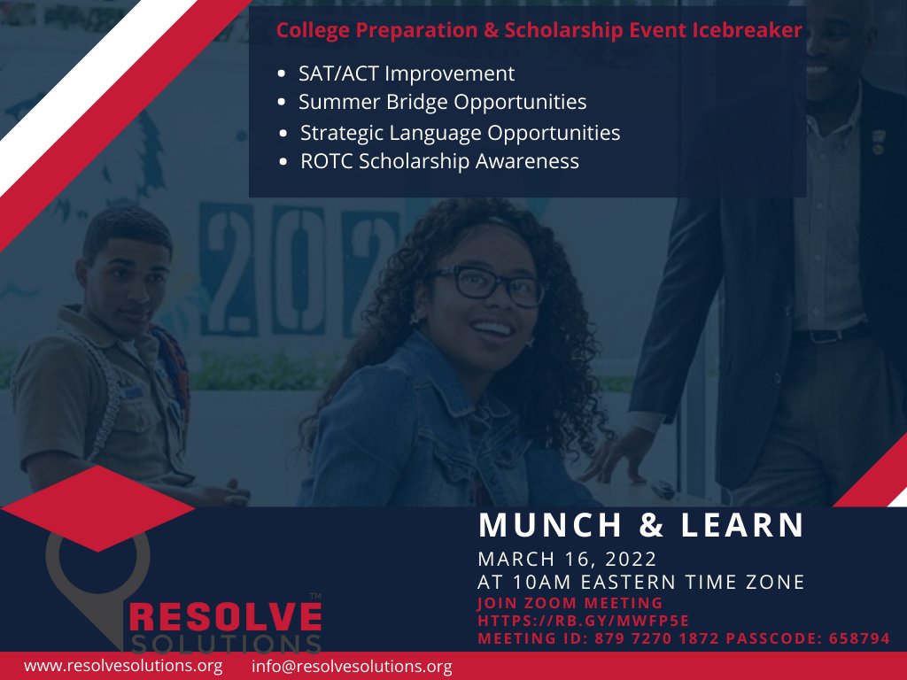 ResolveSolutio2's tweet photo. Join us for our Munch and Learn event tomorrow at 10am EST! We'll be interviewing representatives from each school and sharing some valuable information. Don't miss out, we hope to see you all there!
#ArmyROTC #munchandlearn #networking #nonprofit #event #college #education https://t.co/90OnHnLhso
