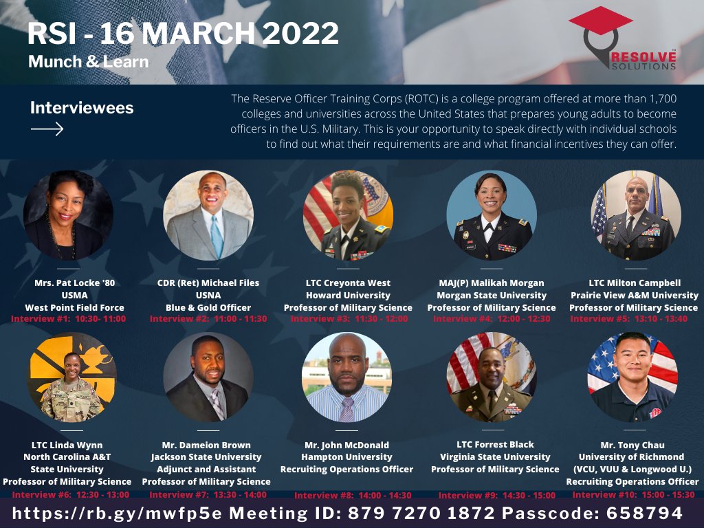 ResolveSolutio2's tweet photo. Join us for our Munch and Learn event tomorrow at 10am EST! We'll be interviewing representatives from each school and sharing some valuable information. Don't miss out, we hope to see you all there!
#ArmyROTC #munchandlearn #networking #nonprofit #event #college #education https://t.co/90OnHnLhso