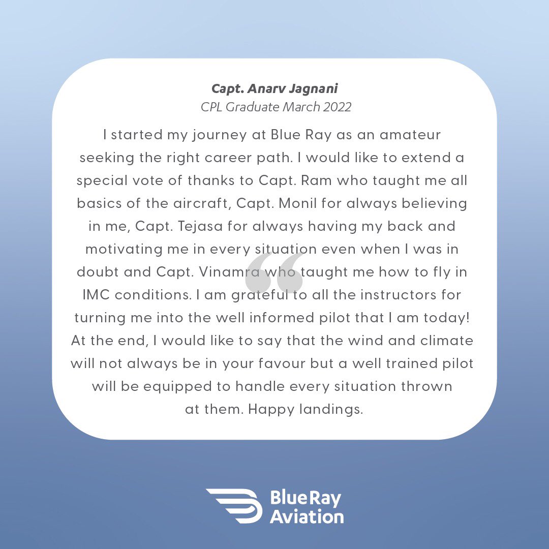 BlueRayAviation's tweet photo. Congratulations to Capt. Anarv Jagnani for completing his Commercial Pilot Licence (CPL) with us this month. We wish him the very best in his future endeavours.

#flyingacademy #instapilots #flyingschool #charterpilot #generalaviation #pilotlife #pilotlifestyle #pilotraining https://t.co/FLeCtR1RzZ