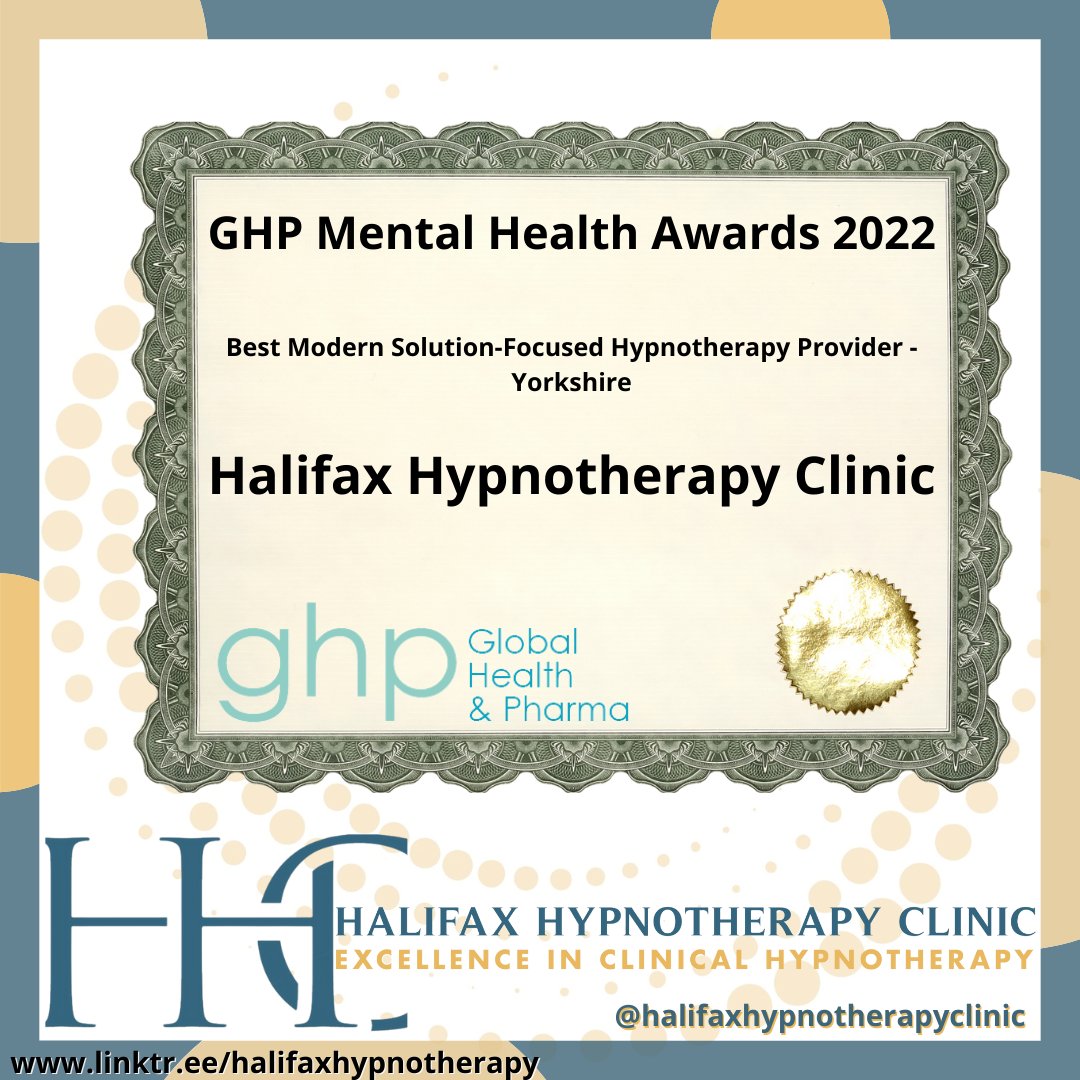 halifaxhypno's tweet photo. So pleased to have been awarded the GHP Mental Health Awards for the Halifax Hypnotherapy Clinic
Best Modern Solution Focused Hypnotherapy Provider in Yorkshire.
#halifaxhypnotherapy
#ghpmentalhealthawards2022 https://t.co/N2DMOJsixF