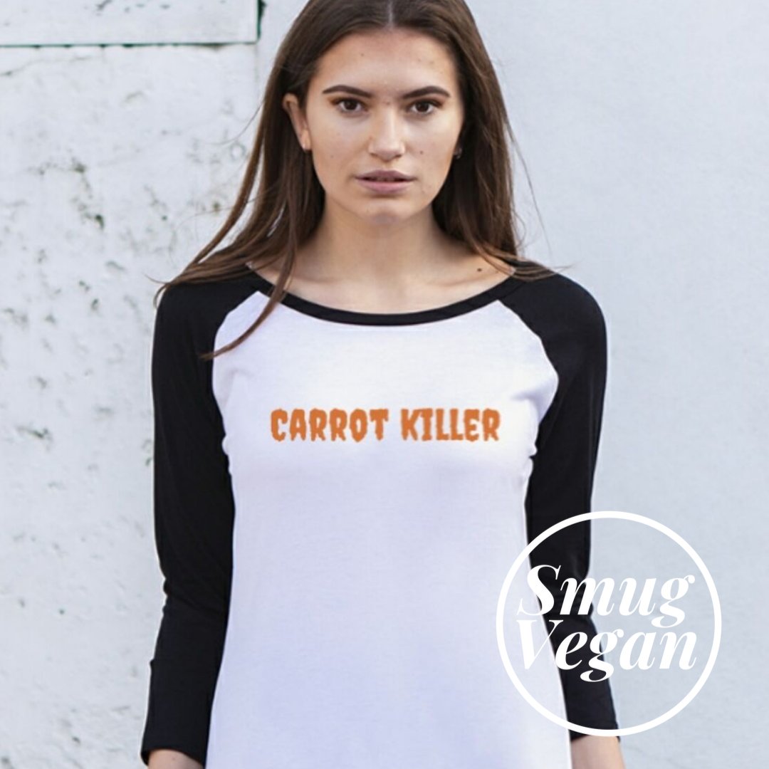 SmugVeganShop's tweet photo. Admit it. You’re a stone cold Carrot Killer. You probably even behead the little orange fellas and dismember them before drowning them in hummus. Comes in women's and men's cuts and hoodies and kids too: https://t.co/15bUKeqwAC https://t.co/GS13bEMF3f