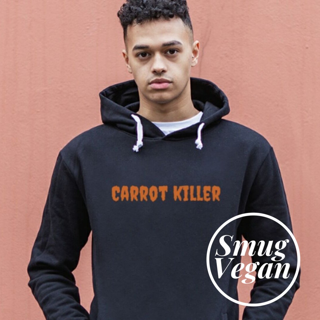 SmugVeganShop's tweet photo. Admit it. You’re a stone cold Carrot Killer. You probably even behead the little orange fellas and dismember them before drowning them in hummus. Comes in women's and men's cuts and hoodies and kids too: https://t.co/15bUKeqwAC https://t.co/GS13bEMF3f