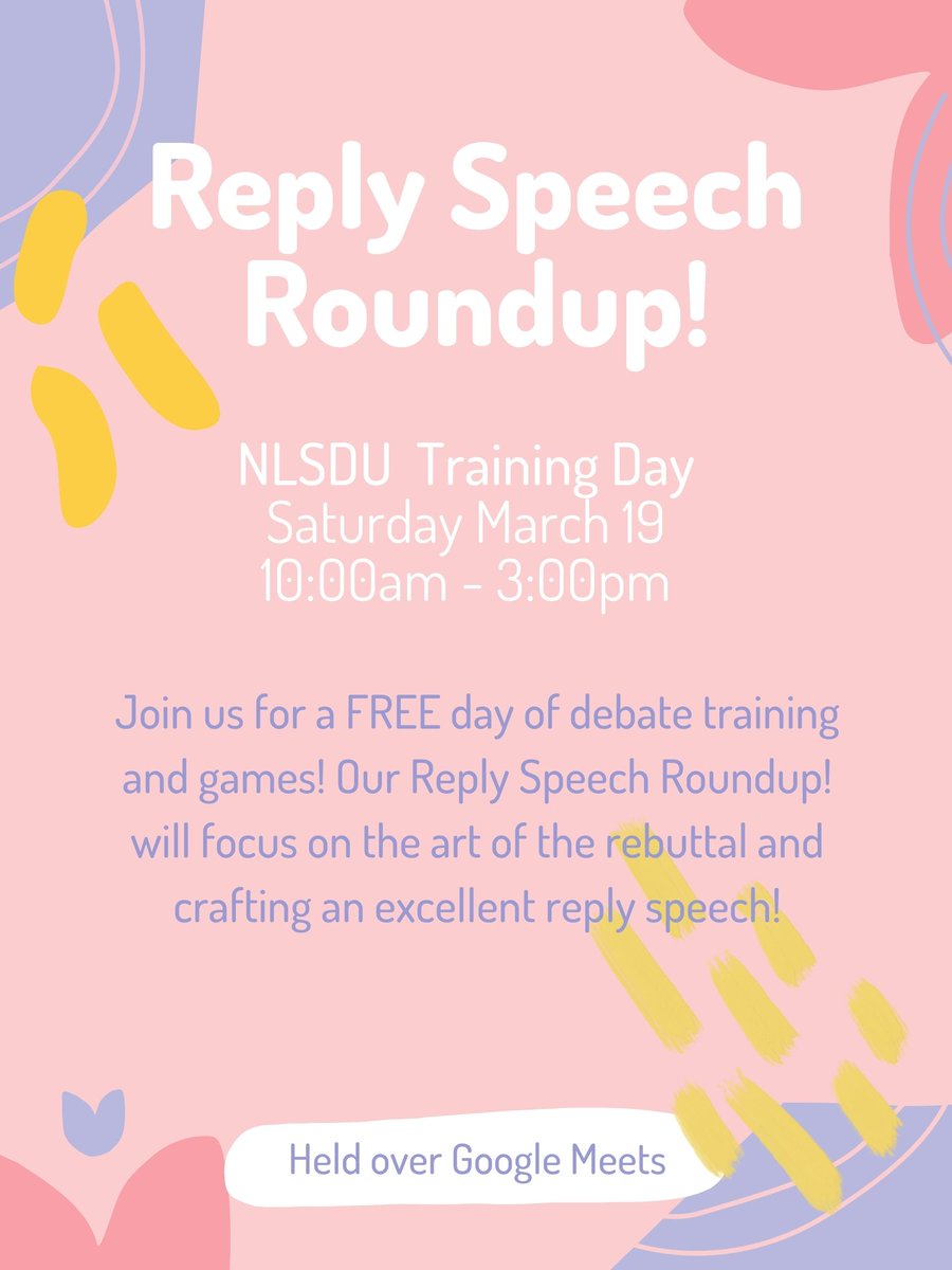 nlsdu's tweet photo. Sign up at: https://t.co/4WCSOHT3lx
Join us Saturday March 19th from 10am to 3pm for an NLSDU training day focusing on crafting a reply speech, building themes, and rebuttal! The day will include a seminar, debate games, and a round of debate.
See you there! https://t.co/ReWaDoM7a7