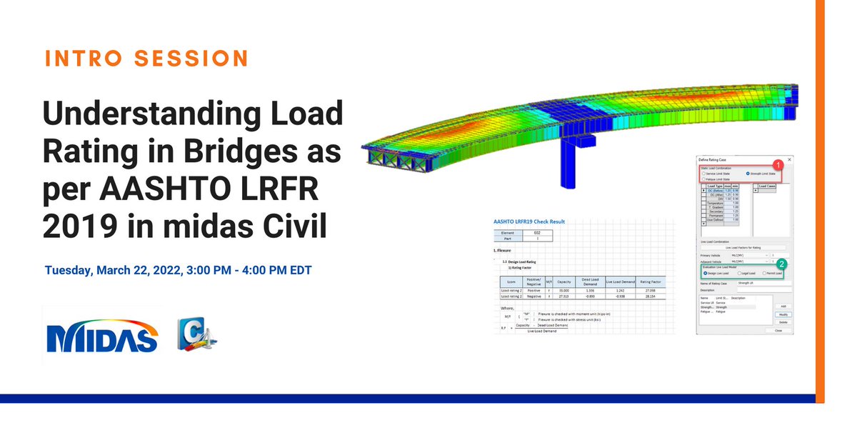 MIDASoftinc's tweet photo. Join our upcoming Intro Session to learn about #SteelComposite modeling (using wizard) and design in midas Civil with focus on the #LoadRating feature. Learn more &amp; register here https://t.co/5Ox4AbU8cT https://t.co/qHHHwDKbfz