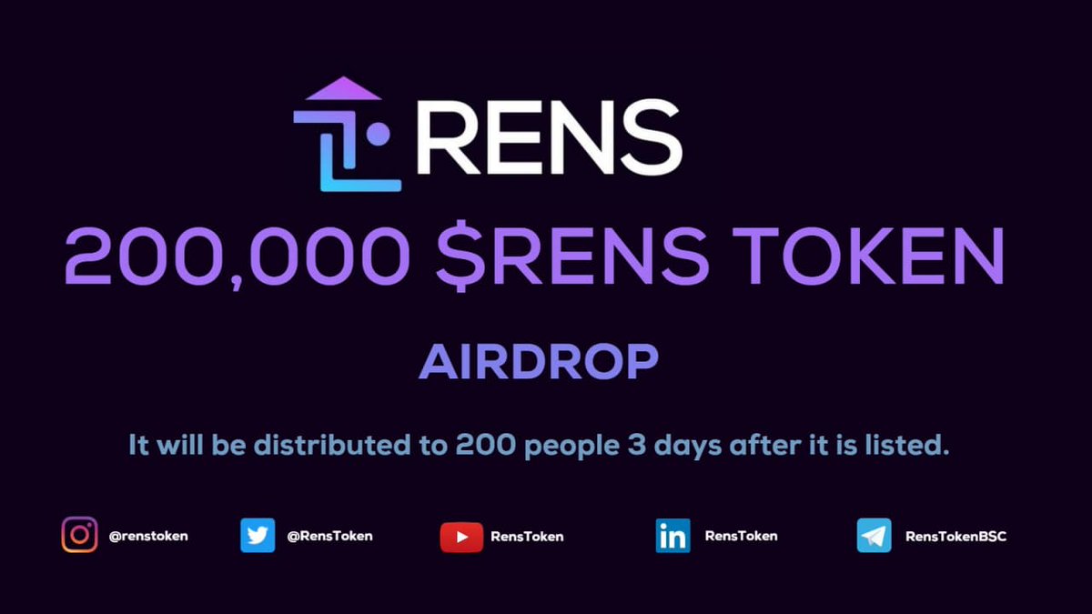 New Airdrop: Rens Token Airdrop
Reward: 200,000 RENS Tokens
End Date: 17 March 2022
Distribution date: 3 days after listing

🔗Airdrop Link: airdrop.renstoken.io

- Complete all tasks of the airdrop
- Submit your BSC wallet address
- For 200 Random Lucky participants