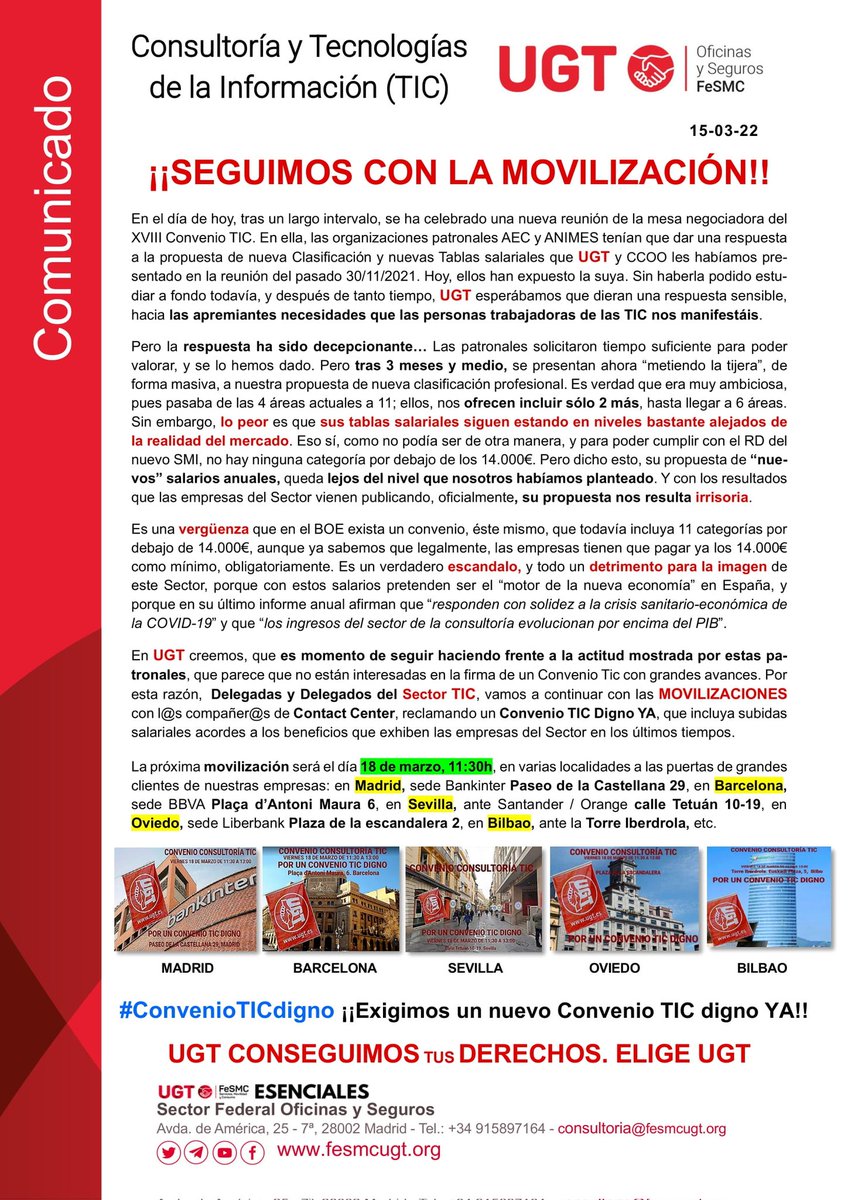 📌UGT INFOTIC N°20 XVIII 

👉Hoy la Patronal nos ha dado una respuesta irrisoria de Tablas y Clasificación. 😡

👉UGT continúa con la movilización. El 18 volvemos a concentrarnos. Queremos una subida salarial YA!!!. 

👉 UGT exige + derechos para el Sector #TIC #ConvenioTICdigno