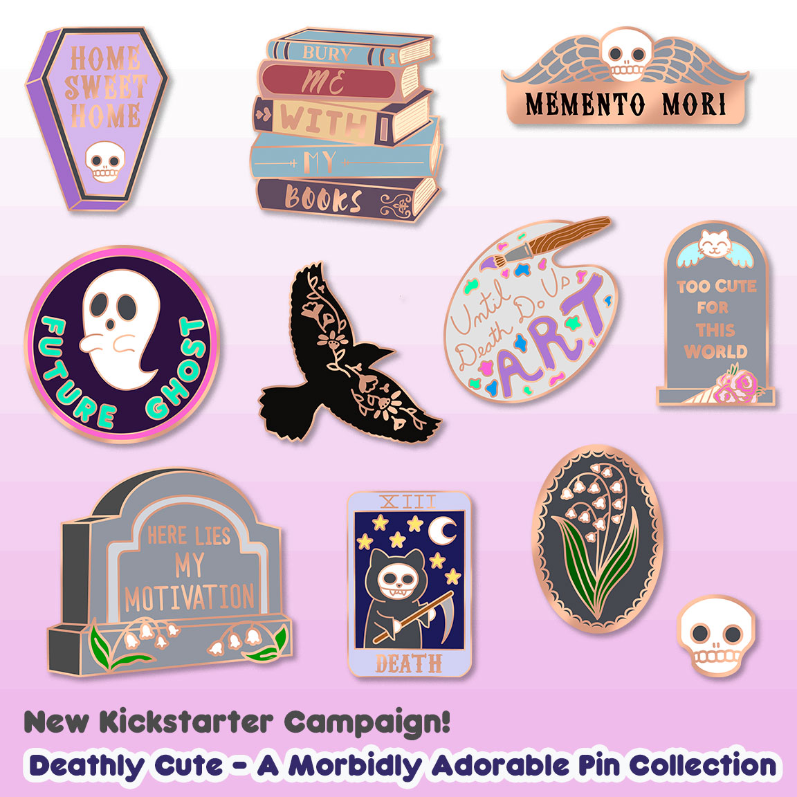 KittyNCupcake's tweet photo. My new Kickstarter campaign, Deathly Cute - A Morbidly Adorable Pin Collection, just launched! #pins #spookyart #Kickstarter  https://t.co/KHMQMxLqjN https://t.co/twzXQ35pOk