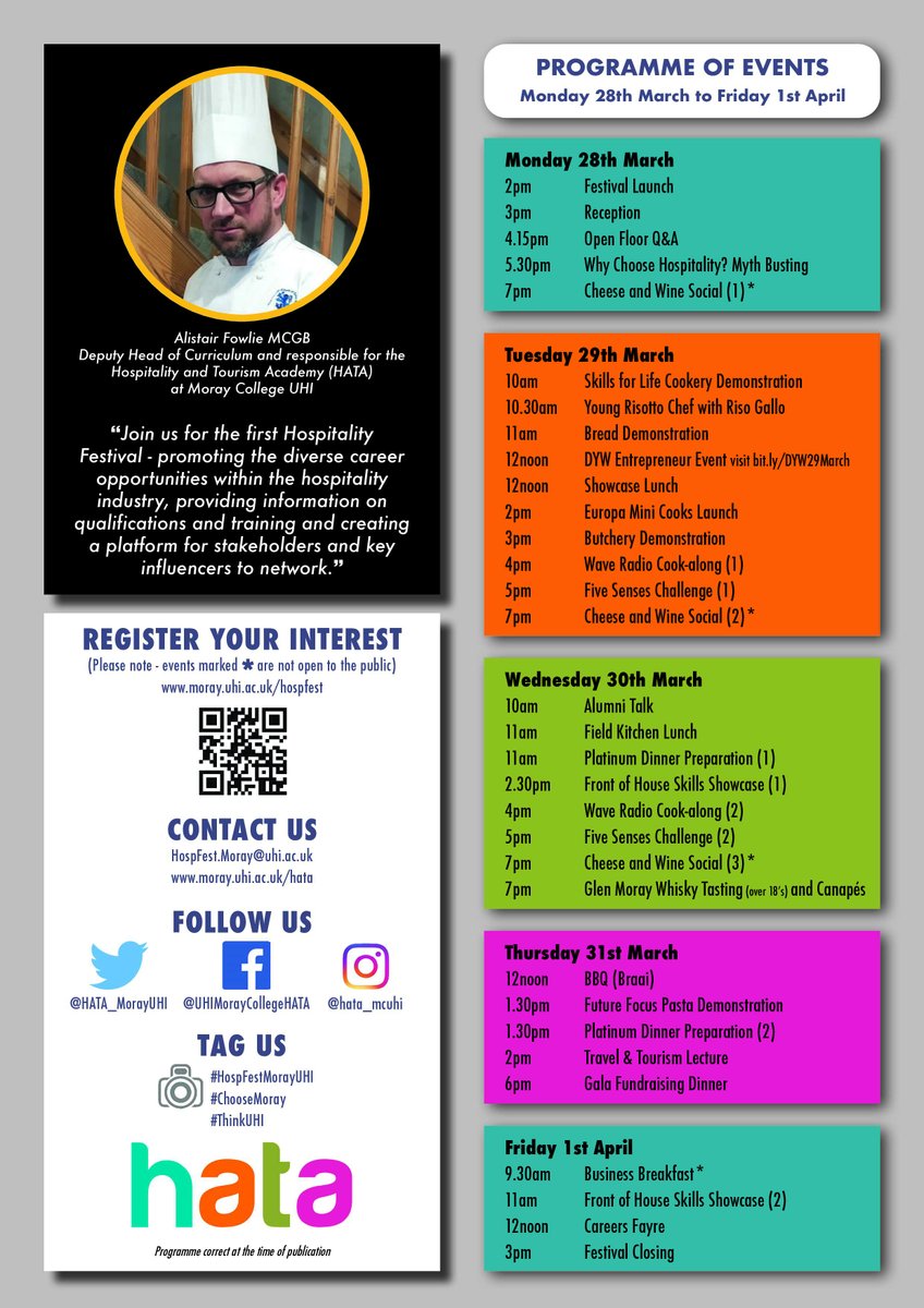 There's less than 2⃣ weeks to go until the start of @HATA_MorayUHI's #HospFestMorayUHI at @MorayCollege! 🍽

The 5⃣-day event has a packed schedule of demonstrations, classes, activities, challenges, a Careers Fayre and much more...

Get your ticket 👉🏼 eventbrite.co.uk/e/hospitality-…