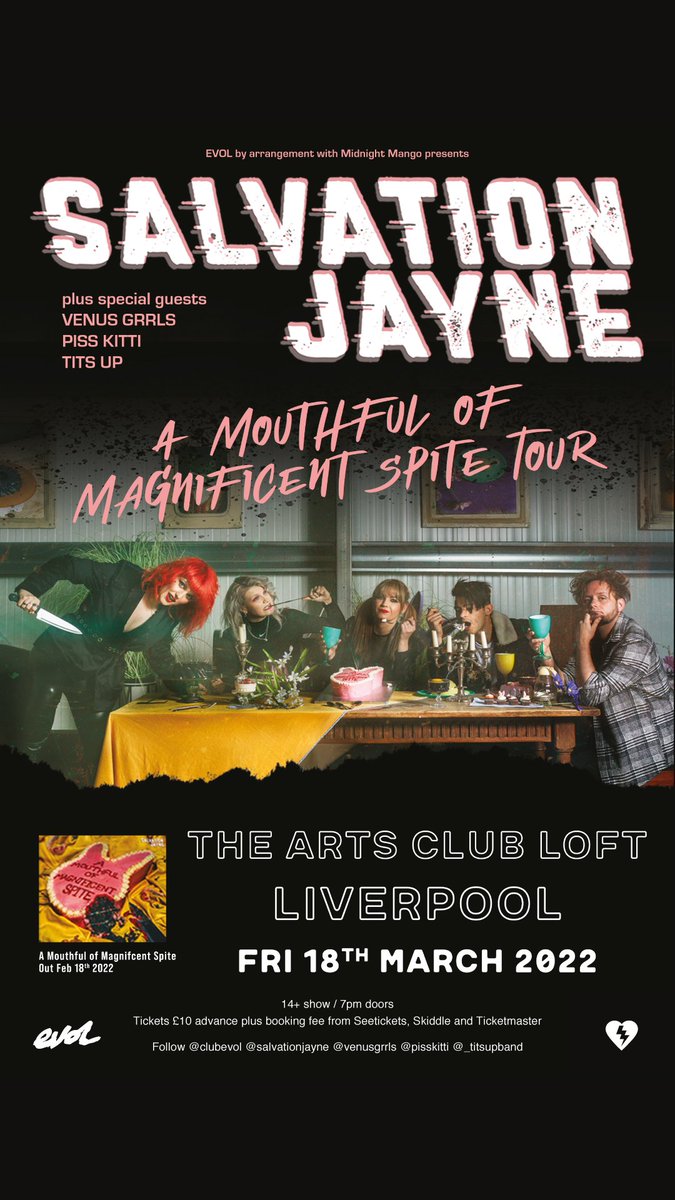 EVOL (@clubevol) on Twitter photo THIS FRIDAY! We bring you an absolute powerhouse of a lineup - every band on this lineup is incredible - from headliners <a href="/SalvationJayne/">Salvation Jayne</a> to the very strong supporting cast of <a href="/VENUSGRRRLS/">VENUS GRRRLS</a>, <a href="/pisskitti/">PISS KITTI</a> and <a href="/_titsupband/">Tits Up</a>! Join us at @ArtsClubHQ! Tickets: seetickets.com/event/salvatio… THIS FRIDAY! We bring you an absolute powerhouse of a lineup - every band on this lineup is incredible - from headliners <a href="/SalvationJayne/">Salvation Jayne</a> to the very strong supporting cast of <a href="/VENUSGRRRLS/">VENUS GRRRLS</a>, <a href="/pisskitti/">PISS KITTI</a> and <a href="/_titsupband/">Tits Up</a>! Join us at @ArtsClubHQ! Tickets: seetickets.com/event/salvatio…