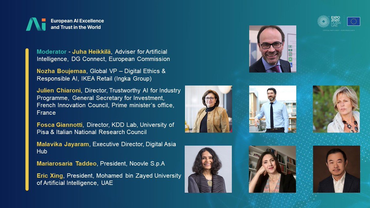 InTouchAIeu's tweet image. 🔆 We are now ready for "High-Level Panel – The EU Vision on Trustworthy AI in the World" with @Juha_Heikkila @NozhaBoujemaa Fosca Giannotti @JulienChiaroni @MalJayaram Mariarosa Taddeo @ericxyuan 🔆

Live here! excellenceandtrust.intouchai.eu/hlf-live-strea…

#ExTrAI #EuropeanAIWeek #EUatExpo #AIEthics
