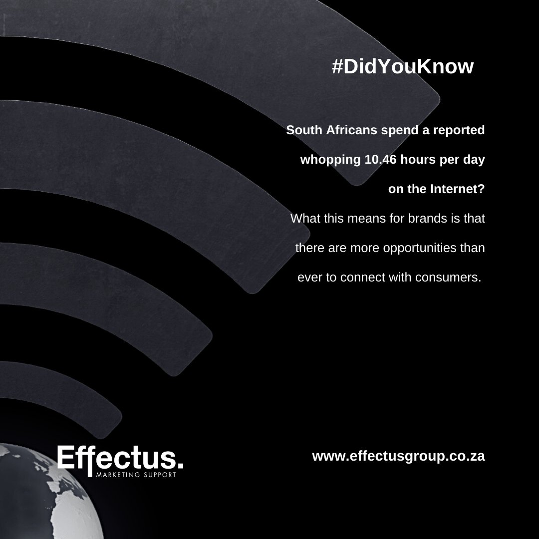 #DidYouKnow that South Africans spend a reported whopping 10.46 hours per day on the Internet? This puts the country significantly ahead of the worldwide average.

Get in touch today to find out what we can do for your business: effectusgroup.co.za