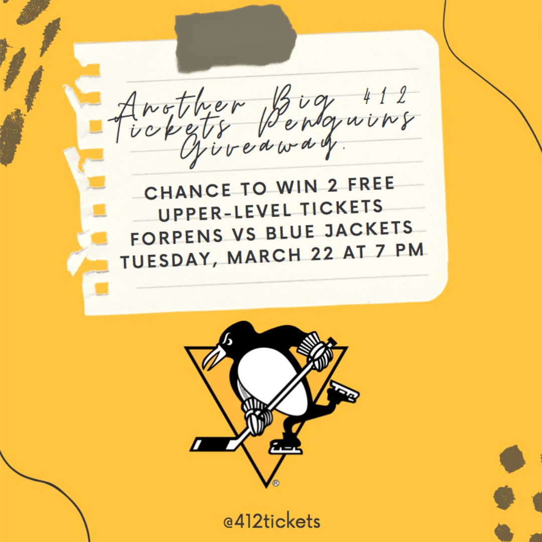412Tickets's tweet photo. #PensFans, Our 13th #PensFreeTicketGiveaway
Chance to win 2 Free Upper-Level Tickets vs @BlueJacketsNHL
Tue. 3/22 7pm @PPGPaintsArena
Giveaway starts Now ends Tue. 3/15 at 11:59pm
To Enter: Follow, Retweet &amp; Tag 3 or More Friends
You can Enter on our Facebook &amp; IG @412Tickets too https://t.co/d8Exh19Lug