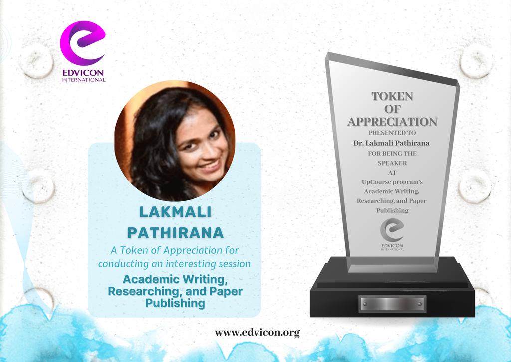 EdviconEdu's tweet photo. Edvicon International would like to express heartfelt gratitude to Lakmali Pathirana for conducting the second module of the UpCourse program; Academic Writing, Researching and Paper Publishing.
We value your time and effort dedicated to conducting the session successfully. https://t.co/CvdHkfpijT