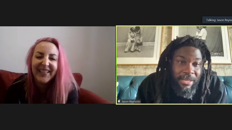 CassieKempSLS's tweet photo. What an absolute pleasure to watch @CILIPCKG judge Kelly @Cherriesandhens speaking to #CKG21 #CarnegieMedal winner @JasonReynolds83 today! Just look at the joy on your fangirl face :D #LivingTheDream #BestBookClubInTheWorld https://t.co/6xi8eePeoc