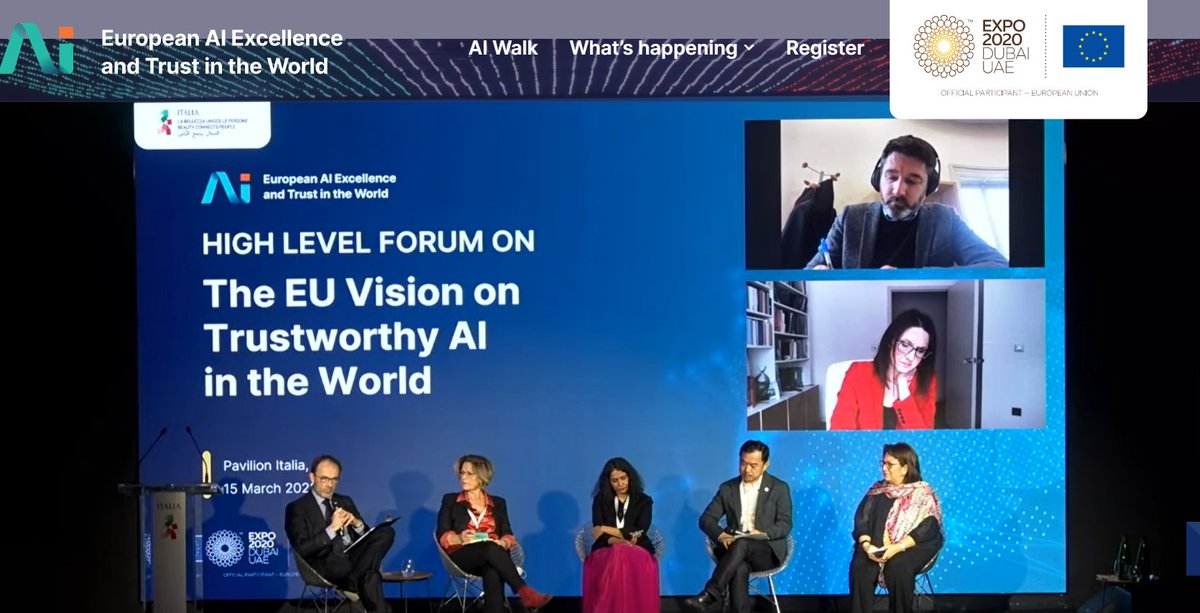 NGI4eu's tweet image. About to start the High-Level Panel on the EU Vision on #TrustworthyAI in the world: what is essential to grasp the #AI opportunities without undermining trust?

🔴Live now from Expo Dubai: excellenceandtrust.intouchai.eu/hlf-live-strea…

#EuropeanAIWeek #HumancentricAI