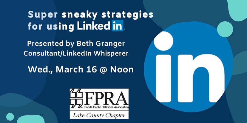 FPRA Lake (@fpralake) on Twitter photo Tomorrow at noon, we're unlocking little-known ways to use LinkedIn that aren't always obvious. Join #FPRALake and 'LinkedIn Whisperer' <a href="/BethGrangerSays/">Beth Granger</a> to maximize this social network by using super sneaky strategies. Tickets: bit.ly/35IRHUG Tomorrow at noon, we're unlocking little-known ways to use LinkedIn that aren't always obvious. Join #FPRALake and 'LinkedIn Whisperer' <a href="/BethGrangerSays/">Beth Granger</a> to maximize this social network by using super sneaky strategies. Tickets: bit.ly/35IRHUG