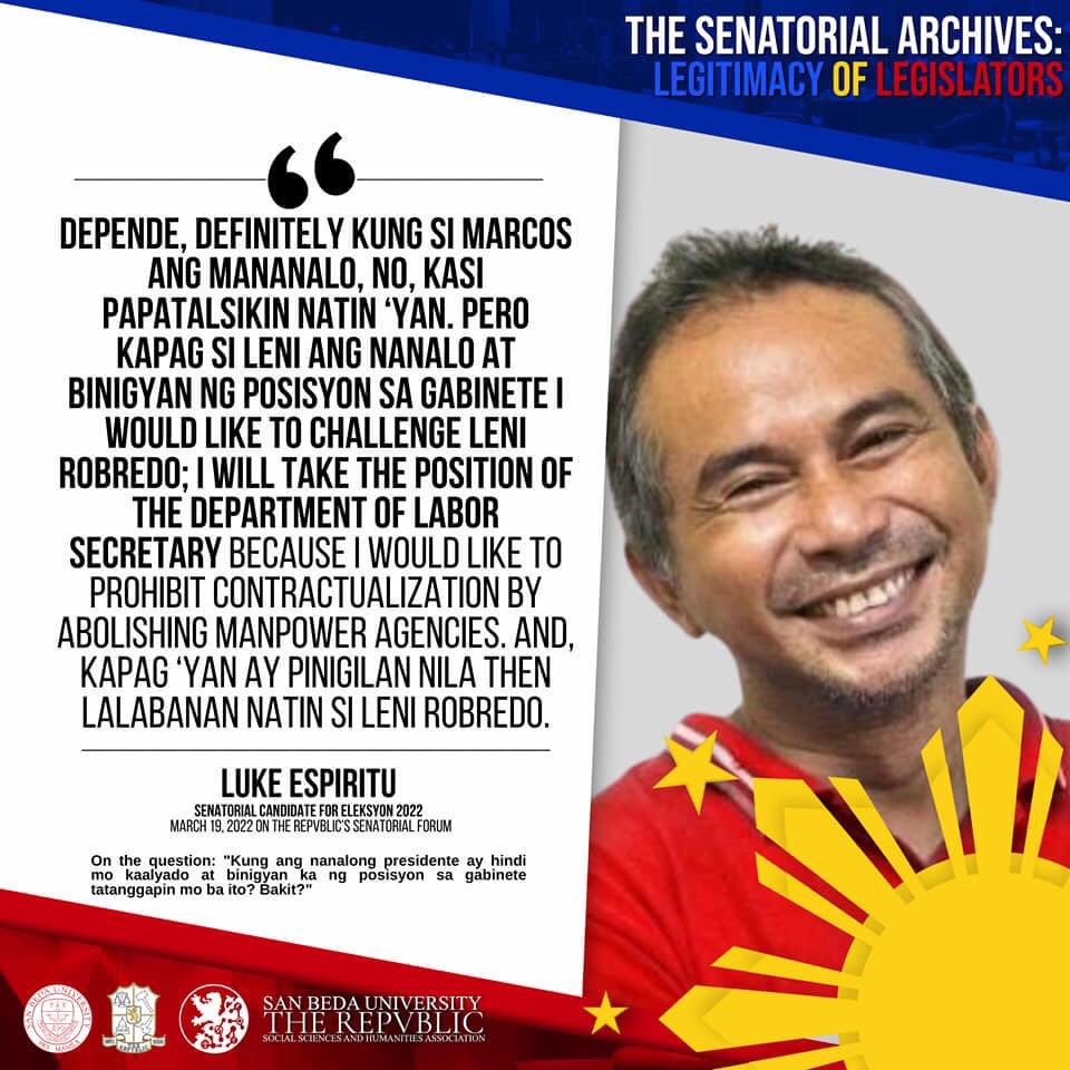 therepvblicsbu's tweet photo. Atty. @LukeEspirituPH on the question “Kung ang nanalong Presidente ay hindi mo kaalyado at binigyan ka ng posisyon sa gabinete tatanggapin mo ba ito? Bakit? “ 

#ForTheRepvblic
#SanBedaPoliticalScience #TheRepvblic #SenatorialArchives #Lukeespiritu #Halalan2022 https://t.co/V8OFVtjzo2