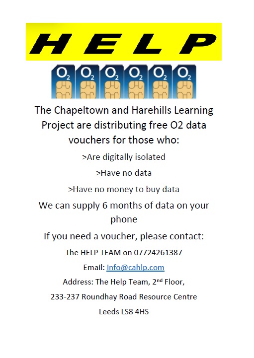 ReginaldCentre's tweet photo. The Chapeltown and Harehills Learning Project are distributing free 02 data vouchers for people who are digitally isolated, have no data or who cannot afford data. 
Please contact the team for more information - 07724261387. https://t.co/kEdhdZIJWT