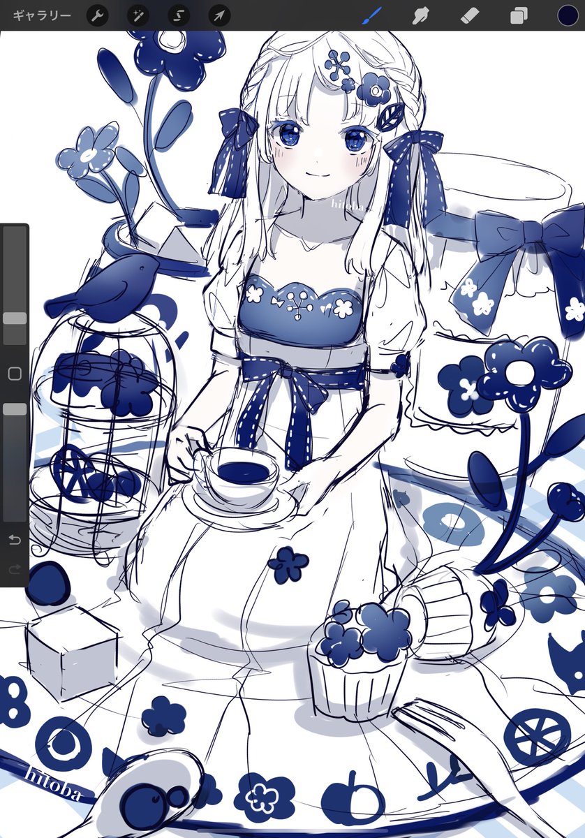 1girl solo dress cup smile flower holding  illustration images