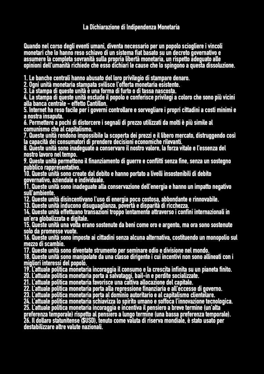 bip_show's tweet photo. Durante la conferenza di Miami tutti i presenti saranno chiamati a firmare la "Dichiarazione di Indipendenza Monetaria".
Un documento fondamentale che trovate qui tradotto in Italiano.
Tra le pagine l'anima dei Cypherpunk, a ricordarci che #Bitcoin è la nuova politica globale. https://t.co/PpX65wm6si