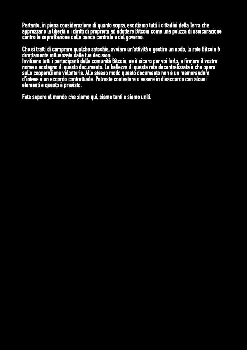 Durante la conferenza di Miami tutti i presenti saranno chiamati a firmare la "Dichiarazione di Indipendenza Monetaria".
Un documento fondamentale che trovate qui tradotto in Italiano.
Tra le pagine l'anima dei Cypherpunk, a ricordarci che #Bitcoin è la nuova politica globale.