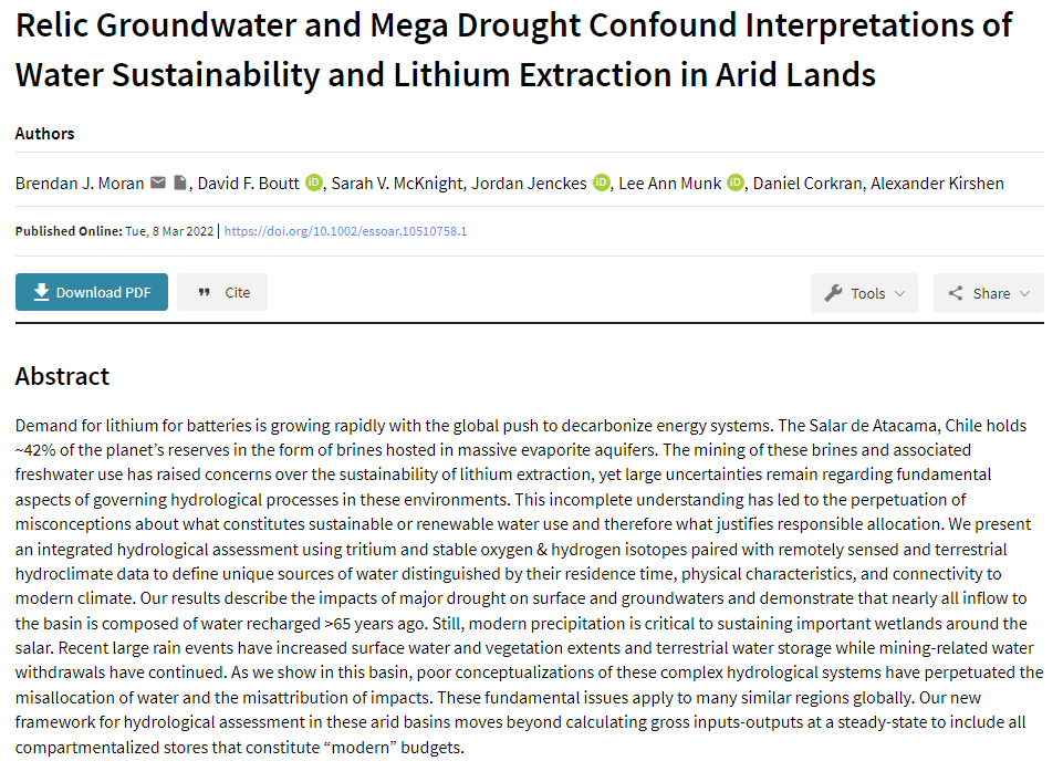 Check out @LitioReina and @DavidBoutt's new paper finding massive over-allocation of freshwater resources at the Salar de Atacama.

The impacts might not be visible for a generation due to the slow dynamics of aquifer systems. My take below.
 essoar.org/doi/10.1002/es…