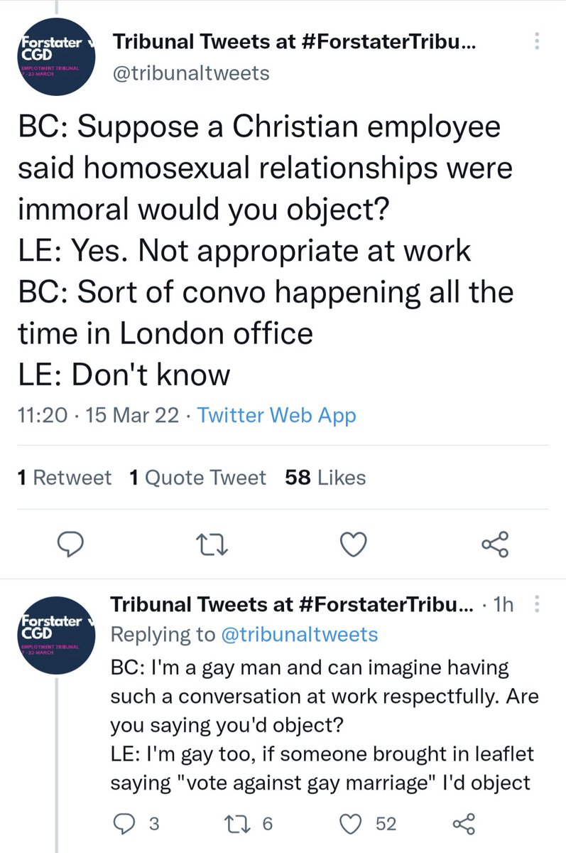 DavidPaisley's tweet photo. Maya Forstater's lawyer is arguing that it would be ok for someone at your work to say homosexual relationships are immoral.

That's what gender criticals are arguing for. Trans people have every right to say "we told you so". https://t.co/9GX8xkbixE
