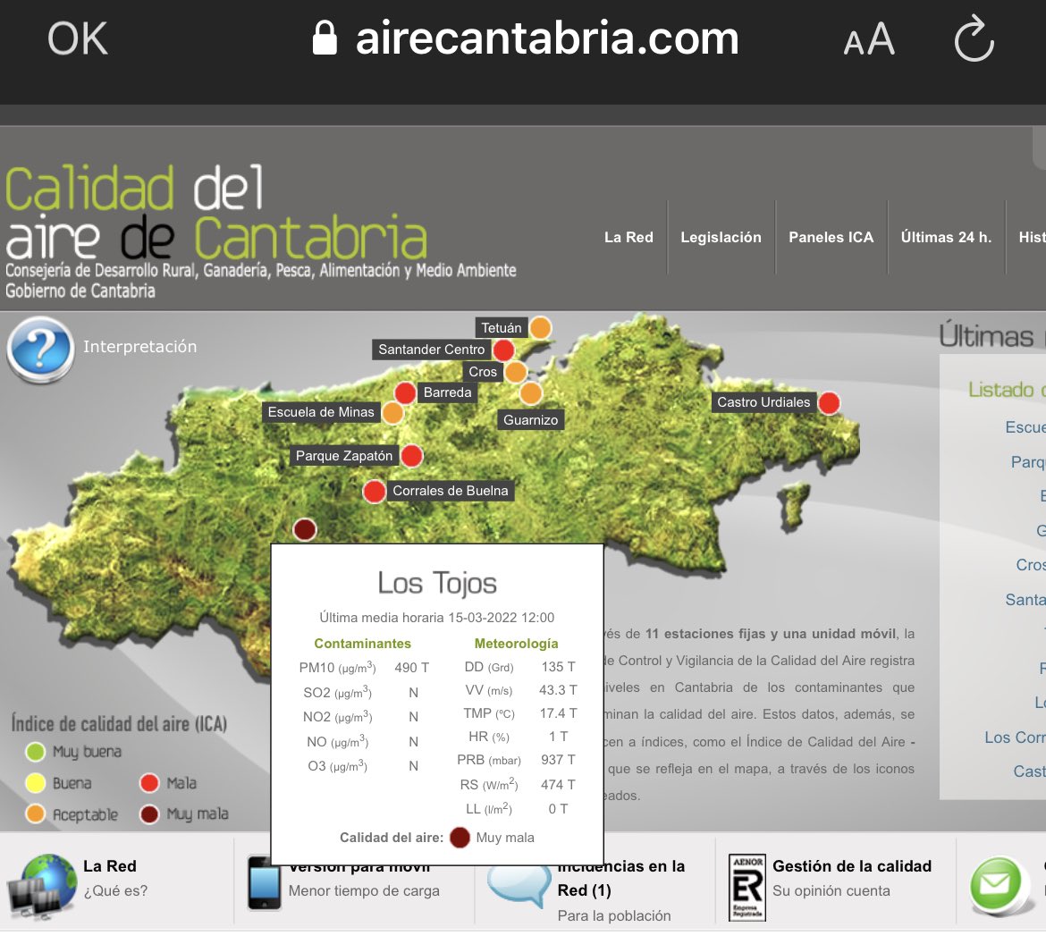 sancebs's tweet photo. ⚠️La situación actual en #Cantabria: picos extremos en las concentraciones de PM por las intrusiones de #PolvoSahariano en las últimas horas. 
😷 No olvidemos proteger nuestros pulmones. 
🚦via https://t.co/D9b2q9DI7I #CIMA https://t.co/zrRb2Sz8Ut