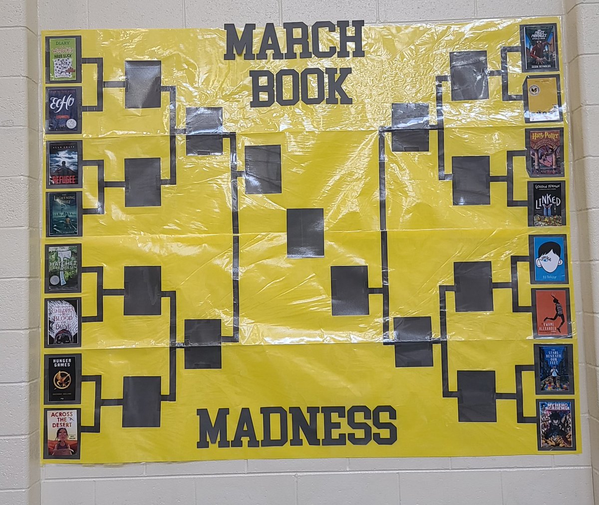 RRMSread's tweet photo. We tipped off our March Book Madness Tourney yesterday. Brackets are up and voting has begun! Who will move on to the Elite 8? Wait and see! #MarchMadness2022 #readbooks #sweetsixteen @RehobothRoad @GriffinSpalding @GSCSELA https://t.co/Q9yl7Ww2mR