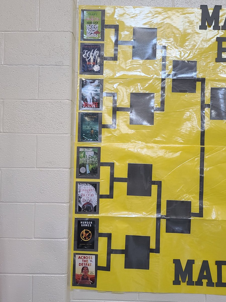 RRMSread's tweet photo. We tipped off our March Book Madness Tourney yesterday. Brackets are up and voting has begun! Who will move on to the Elite 8? Wait and see! #MarchMadness2022 #readbooks #sweetsixteen @RehobothRoad @GriffinSpalding @GSCSELA https://t.co/Q9yl7Ww2mR