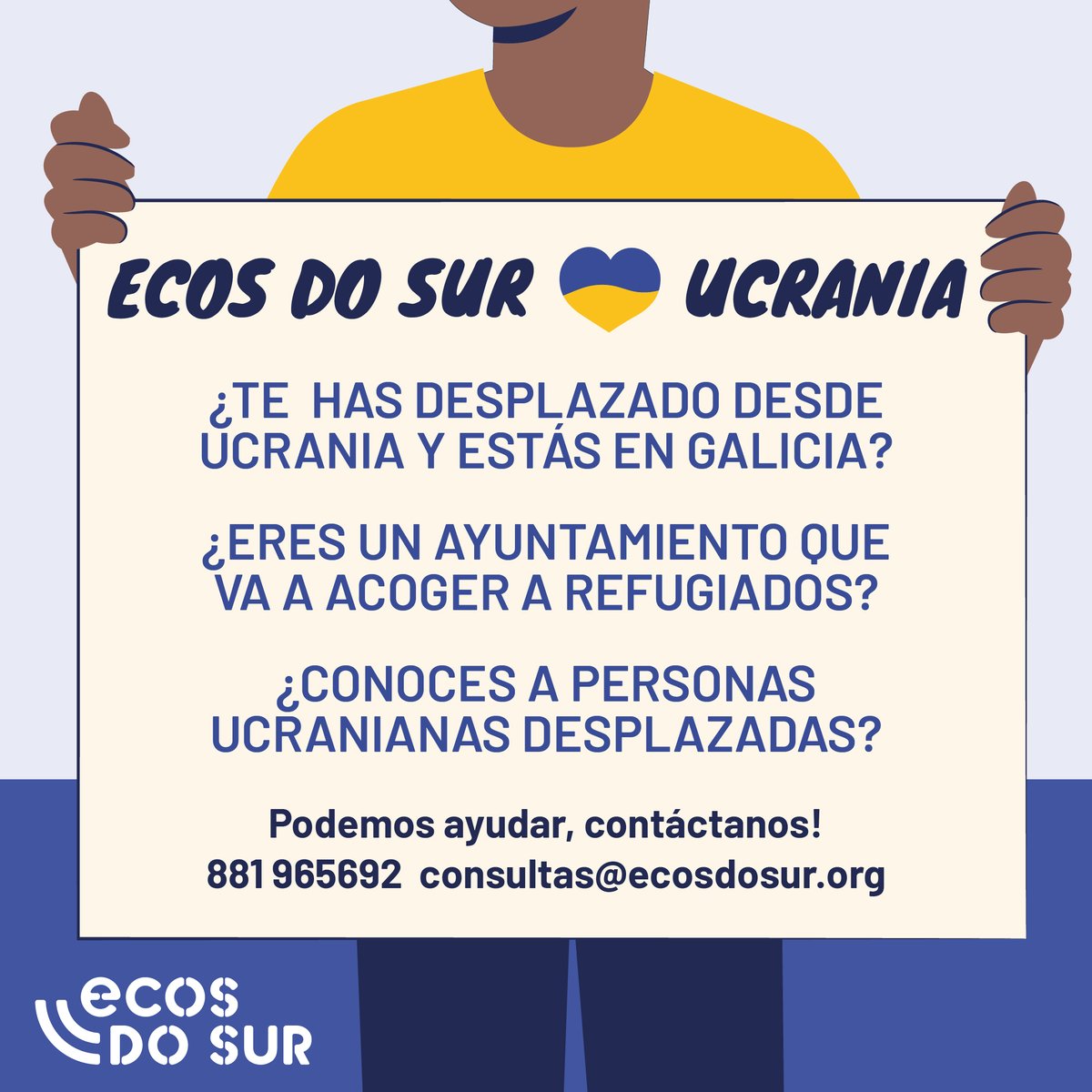 ecosdosur's tweet image. 🌟#EcosdoSur lleva 25 años acompañando a las personas refugiadas en su viaje más largo. ¿Cómo podemos, desde #Galicia, echar una mano a #Ucrania? 👇🏾 Ser socio/a o hacernos un #Bizum es más importante de lo que imaginas: ecosdosur.org/refugiados Cuenta con nosotros y... Comparte💙