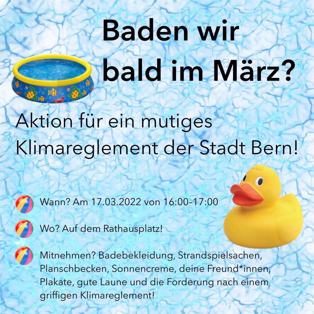 JA_Bern's tweet photo. Am 17. März 2022 #in2days um 16:00 Uhr findet auf dem #Rathausplatz #Bern eine bewilligte #Klimaaktion unter dem Motto „Baden wir bald im März?“ statt. Das Stadtparlament diskutiert anschliessend über das städtische #Klimareglement.
Alle Unterstützer*innen Willkommen! https://t.co/qhq5dH1I0e