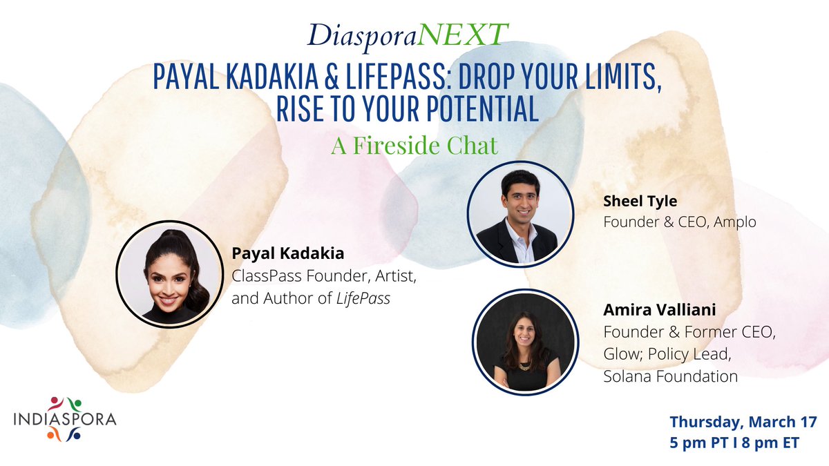 Want to know how to create a successful #startup?
Look right here👇

Join us for our DiasporaNEXT event w/ <a href="/classpass/">ClassPass</a> Founder <a href="/PayalKadakia/">Payal Kadakia</a>  &amp; our members <a href="/sheeltyle/">Sheel Tyle</a> &amp; <a href="/amiravalliani/">Amira V</a> on Thursday, March 17

More info: tinyurl.com/3shje2ax
RSVP: tinyurl.com/mt96s7kt