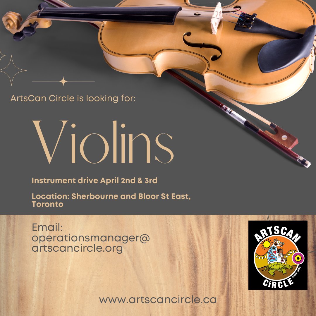 artscancircle's tweet photo. Violin donation drive April 2nd and 3rd!
We're looking for new/like-new violins for upcoming workshops.
To donate, email Melissa at operationsmanager@artscancircle.org
Retweets help us get the word out! :)
#ArtsCanCircle #ArtsCanConnects #musicworkshops #Pikangikum https://t.co/kw9x83wVRy