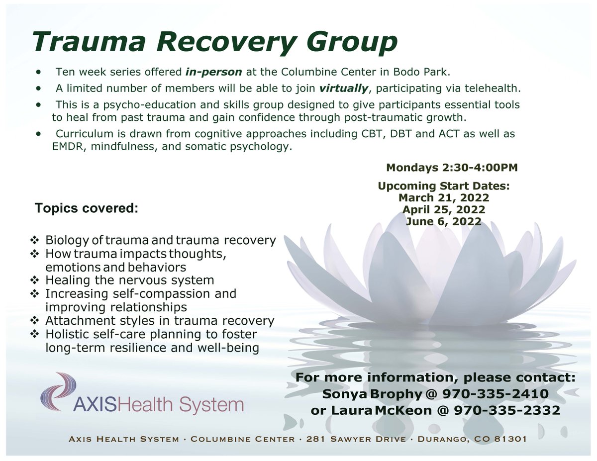 AxisHealthSystm's tweet photo. A new in-person Trauma Recovery Group will be offered to Axis patients starting March 21. https://t.co/zRof6MSlvo