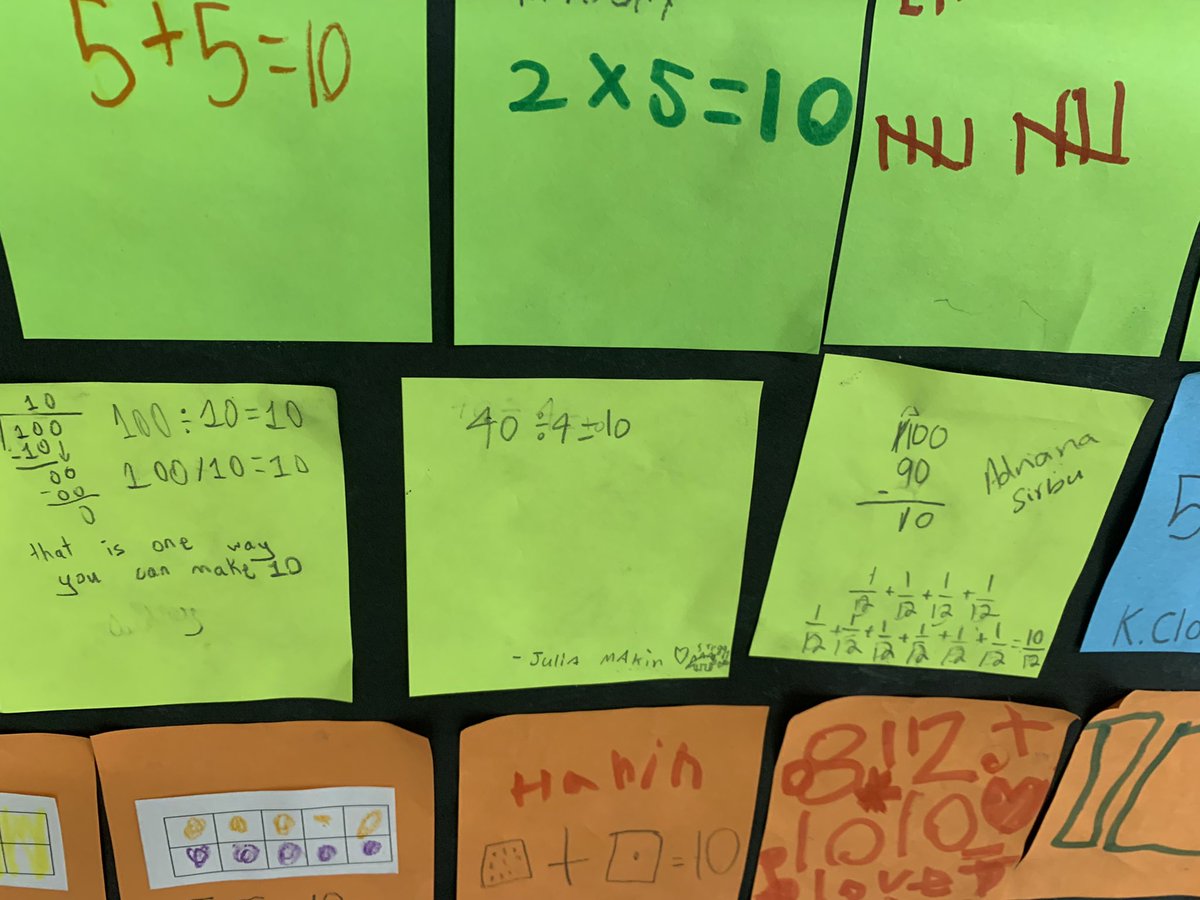 BaldwinRcs's tweet photo. Whole school math task. how many ways can you make 10? Each grade level is represented with a different color post-it. Great job mathematicians. @BaldwinRcs #makingourthinkingvisible https://t.co/D6q8U9xUzd