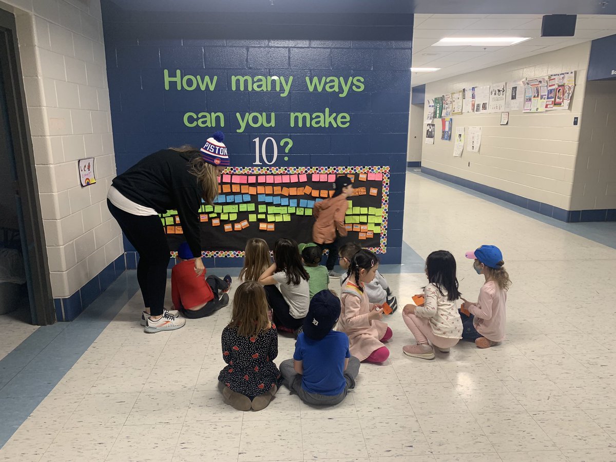 BaldwinRcs's tweet photo. Whole school math task. how many ways can you make 10? Each grade level is represented with a different color post-it. Great job mathematicians. @BaldwinRcs #makingourthinkingvisible https://t.co/D6q8U9xUzd