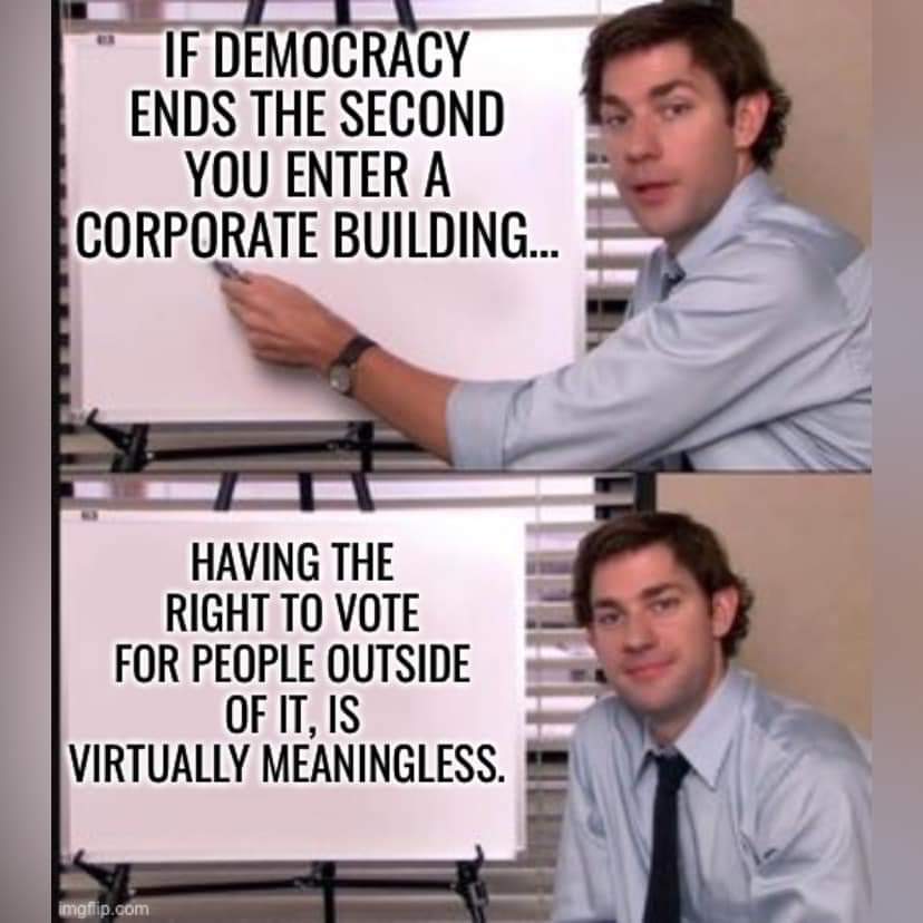 Crimson___Blade's tweet photo. Post Description: Meme of man pointing to black text on white board that says “If Democracy ends the second you enter a corporate building…having the right to vote for people outside of it, is virtually meaningless.” https://t.co/j3fkEJaMBC