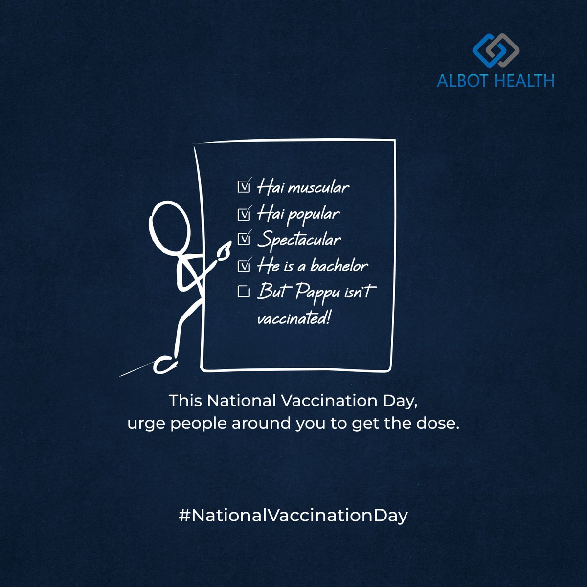 AlbotHealth's tweet photo. Have that person in your life? Make them aware about the significance of vaccination so that they can tick all the boxes.
#NationalVaccinationDay #AlbotHealth #Healthcare #vaccination #vaccinationday #taketheshot https://t.co/yHpc0Ynip9