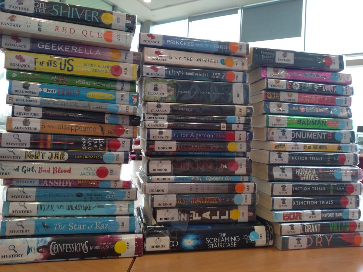 HollingworthLRC's tweet photo. Today's (absolutely massive!!) pile of #library returns!
Also I love scary books, but the pupils are so much braver than I am😱
Starring @lthompsonwrites @susanwilsonbook @ashposton @alexbellos and (loads) more!
#greatschoollibraries #readingforpleasure #HAreads #bookdroplife https://t.co/geqpbGbsxj