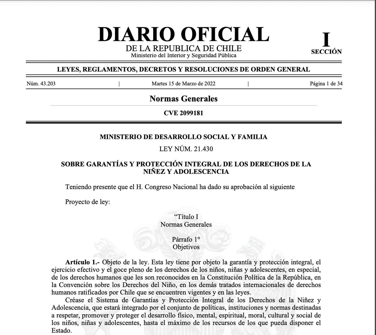 ¡Ya es oficial! 🙌✨
Ley de Garantías de derechos de Niños, niñas y adolescentes ya está en el Diario Oficial 

Acá puedes revisarla
👇👇👇
bit.ly/3i874ZR